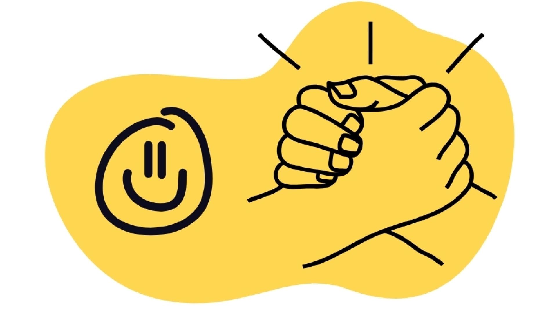Afbeelding van twee handen die in elkaar grijpen met een smiley erbij